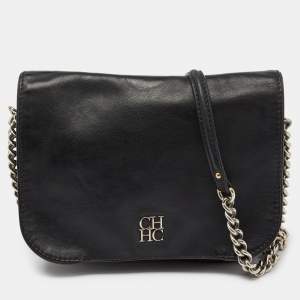 CH Carolina Herrera Black Leather New Baltazar Flap Shoulder Bag