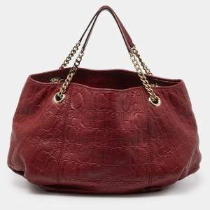 CH Carolina Herrera Red Monogram Embossed Leather Chain Hobo
