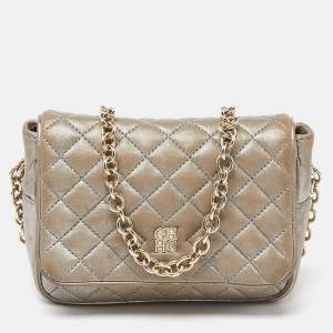 CH Carolina Herrera Silver Quilted Leather Chain Flap Shoulder Bag