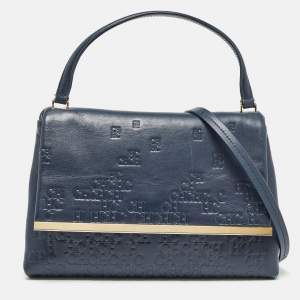 Pre Owned CH Carolina Herrera Navy Blue Monogram Embossed Leather Flap Top Handle Bag
