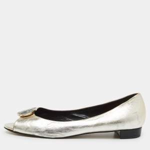 CH Carolina Herrera Gold Leather Logo Peep-Toe Ballet Flats Size 38