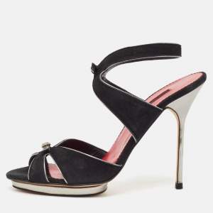 Pre Owned CH Carolina Herrera Black Leather Ankle Strap Sandals Size 40