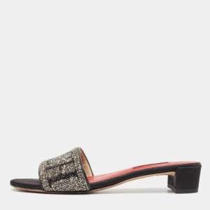 CH Carolina Herrera Black Glitter and Satin Slide Sandals Size 37