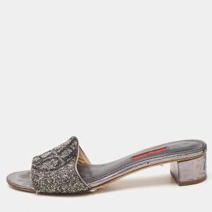 CH Carolina Herrera Grey Leather Crystal Embellished Logo Slide Sandals Size 38
