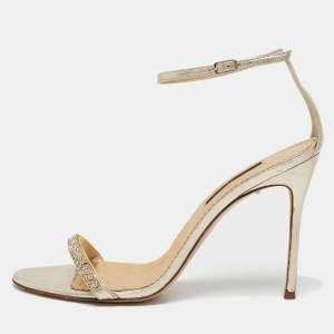 Pre Owned CH Carolina Herrera Gold Leather And Crystal Embellished Ankle Strap Sandals Size 39