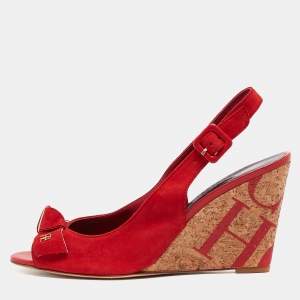 Pre Owned CH Carolina Herrera Red Suede Bow Cork Wedge Slingback Sandals Size 38