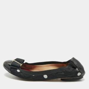 CH Carolina Herrera Black Leather And Patent Leather Bow Scrunch Ballet Flats Size 39