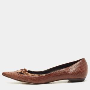 CH Carolina Herrera Brown Canvas and Leather Pointed Toe Ballet Flats Size 38