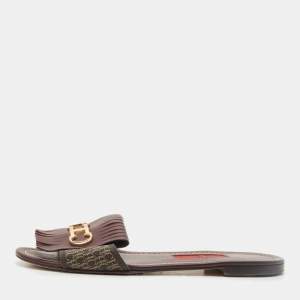 CH Carolina Herrera Brown Signature Canvas and Leather Lock Flat Slides Size 37