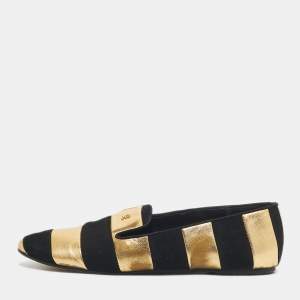 Pre Owned CH Carolina Herrera Black/Gold Leather and Suede Smoking Slippers Size 38