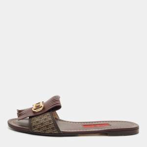 Pre Owned CH Carolina Herrera Burgundy Canvas and Leather Flat Slides Size 36