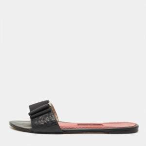 Pre Owned CH Carolina Herrera Black Leather Bow Flat Slides Size 36