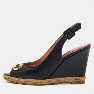 Pre Owned CH Carolina Herrera Black Leather Initials Insignia Slingback Wedge Sandals Size 38