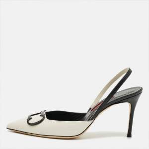 Pre Owned CH Carolina Herrera Initials Insignia Size 38 White/Black Leather Slingback Pumps