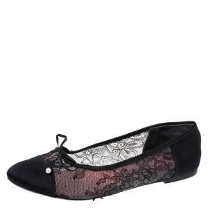 Pre Owned Carolina Herrera Black Lace And Satin Bow Ballet Flats Size 35