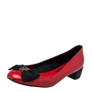 Pre Owned CH Carolina Herrera Red/Black Leather Bow Ballet Flats Size 41 
