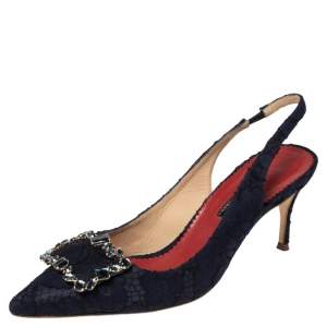 Pre Owned CH Carolina Herrera Blue Lace Embellished Slingback Sandals Size 39