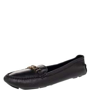 Pre Owned CH Carolina Herrera Black Leather Logo Embellished Slip On Loafers Size 38