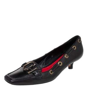 Pre Owned CH Carolina Herrera Black Leather Logo Detail Loafer Pumps Size 37