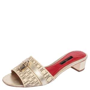Pre Owned CH Carolina Herrera Beige Monogram Leather Traveller Locked Slide Sandals Size 39