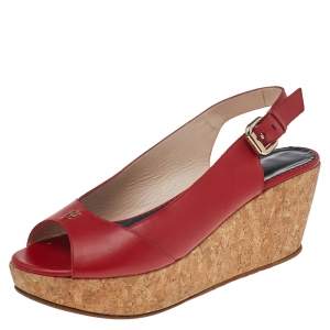 Pre Owned CH Carolina Herrera Red Leather Cork Wedge Platform Peep Toe Slingback Sandals Size 37