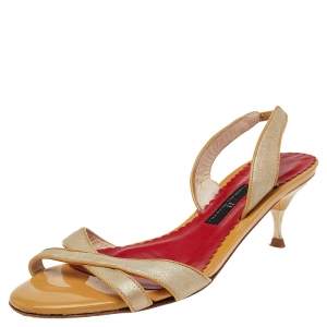 Pre Owned CH Carolina Herrera Gold/Beige Fabric And Leather Slingback Sandals Size 38