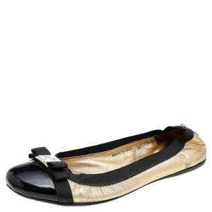 CH Carolina Herrera Gold/Black Leather Bow Ballet Flats Size 38