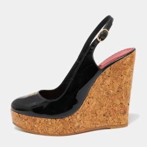 Pre Owned CH Carolina Herrera Black Patent Leather Cork Platform Wedge Slingback Sandals Size 38