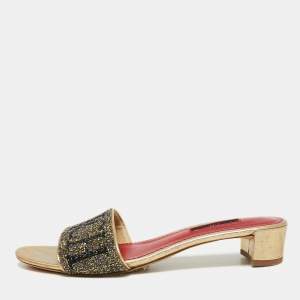 Pre Owned CH Carolina Herrera Gold/Red Leather and Crystals Embellished Slides Sandals Size 39