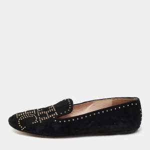 Pre Owned CH Carolina Herrera Black Suede Studded Smoking Slippers Size 39