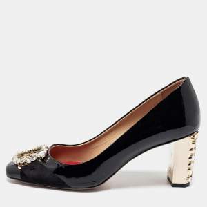 Pre Owned CH Carolina Herrera Black Patent Leather Crystal Embellished Logo Pumps Size 38