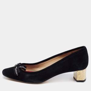 Pre Owned CH Carolina Herrera Black Suede Bow Block Heel Pumps Size 37