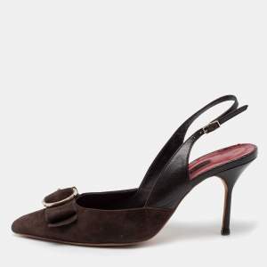 Pre Owned CH Carolina Herrera Brown Suede And Leather Bow Slingback Sandals Size 39