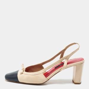 Pre Owned CH Carolina Herrera Beige/Navy Blue Leather Bow Square Toe Slingback Pumps Size 40
