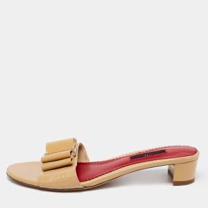 Pre Owned CH Carolina Herrera Beige Patent Leather Bow Slide Sandals Size 38