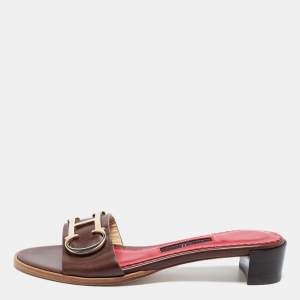 Pre Owned CH Carolina Herrera Brown Leather CH Logo Slide Sandals Size 36