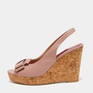 Pre Owned CH Carolina Herrera Dusty Pink Leather Bow Cork Wedge Slingback Sandals Size 38