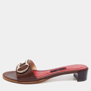 Pre Owned CH Carolina Herrera Brown/Red Leather Initials Slide Sandals Size 37