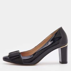 Pre Owned CH Carolina Herrera Black Patent Leather Bow Block Heel Pumps Size 36