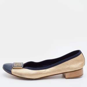 Pre Owned CH Carolina Herrera Gold/Blue Leather Embellished Ballet Flats Size 39