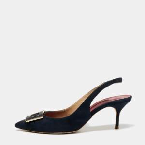 Pre Owned CH Carolina Herrera Navy Blue Suede Pointed Toe Slingback Pumps Size 40
