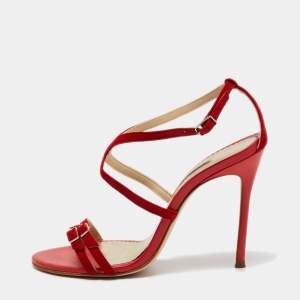 Pre Owned CH Carolina Herrera Red Leather Ankle Strap Sandals Size 39
