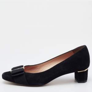 Pre Owned CH Carolina Herrera Black Suede Bow Block Heel Pumps Size 38