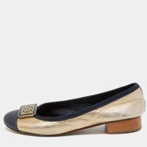 CH Carolina Herrera Gold/Navy Blue Leather Logo Buckle Ballet Flats Size 37