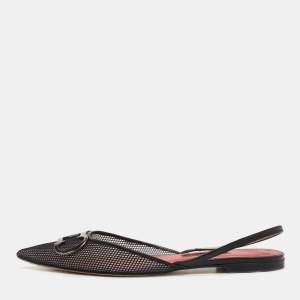 Pre Owned CH Carolina Herrera Black Mesh and Leather Logo Slingback Flats Size 39