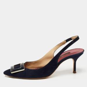 Pre Owned CH Carolina Herrera Navy Blue Suede Pointed Toe Slingback Pumps Size 37