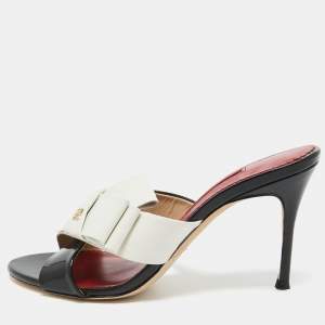 Pre Owned CH Carolina Herrera Black/White Patent and Leather Knotted Bow Slide Sandals Size 39 