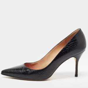 Pre Owned CH Carolina Herrera Black Croc Embossed Leather Pointed Toe Pumps Size 39