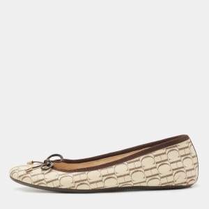 CH Carolina Herrera Cream Monogram Canvas Bow Cap Toe Ballet Flats Size 37