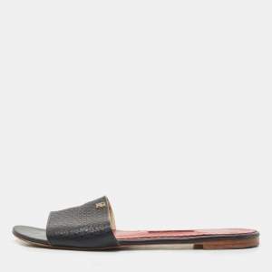 Pre Owned CH Carolina Herrera Black  Leather Monogram Logo Embossed Slide Flats Size 38